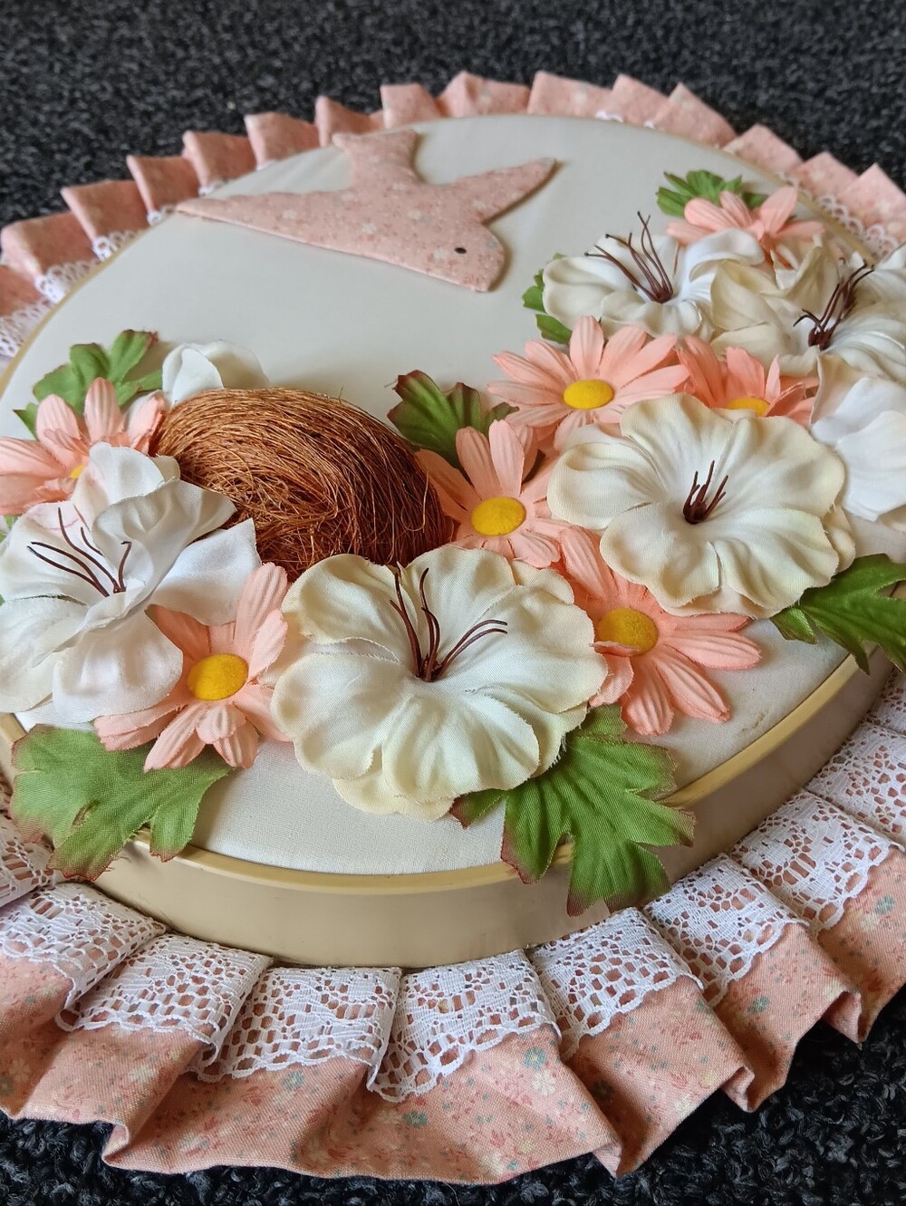 Coquette Vintage Cottage Quilted Hoop Wall Hanging Whimsy Pink Bird Nest Decor - Picture 10 of 16